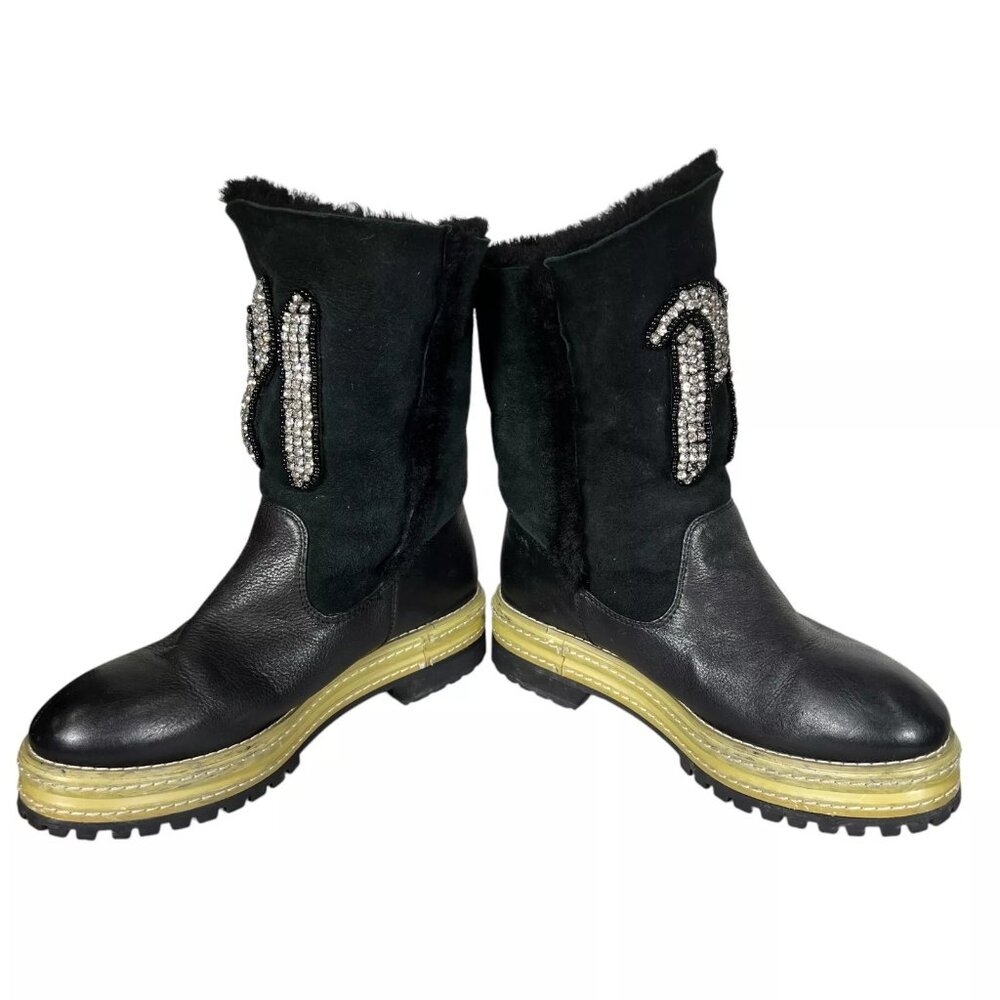 P1 Womens Black Leather Shearling Lining Lug Sole Mid Calf Boots Sz EU38 RARE - Picture 3 of 16